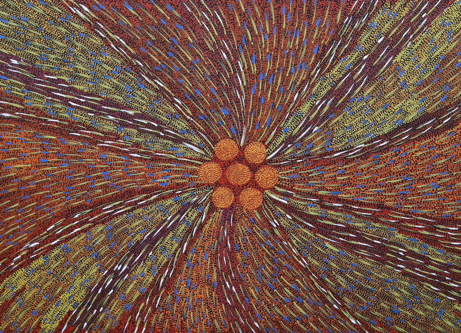 Janet Forrester Ngala (Australian, Aboriginal) c.1954, acrylic on canvas, Abstract seed pattern, 91 x 130cm